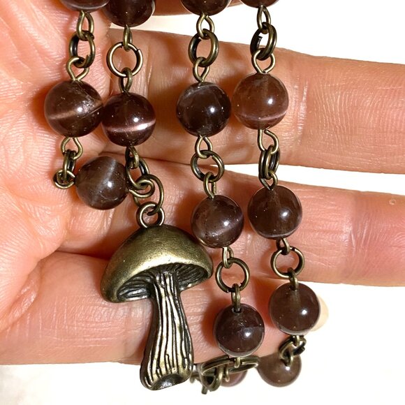 Cute Purple Cat's Eye Bronze Slim Mushroom Pendant Adjustable Choker - Picture 13 of 13